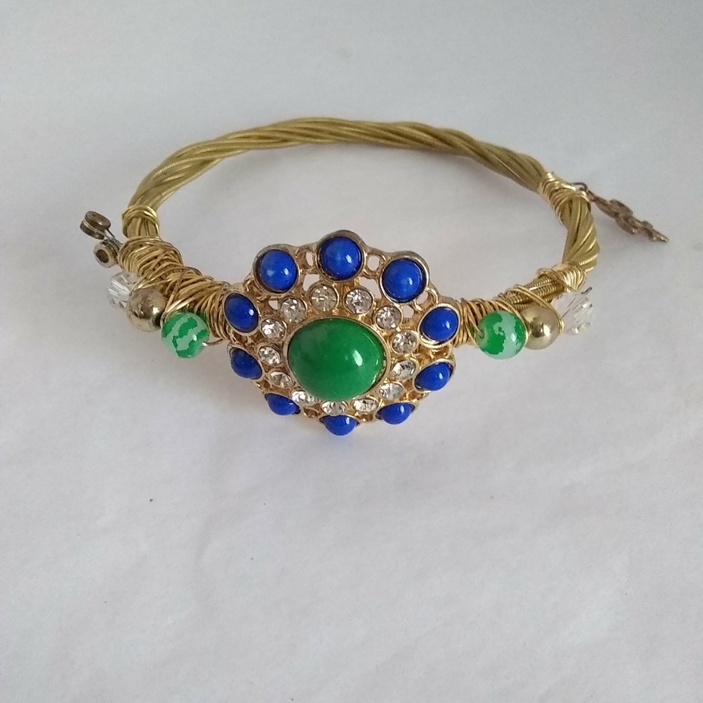 HAND Made Bracelet Womens Gold-Tone Beads Charm Rhinestones Blue Green